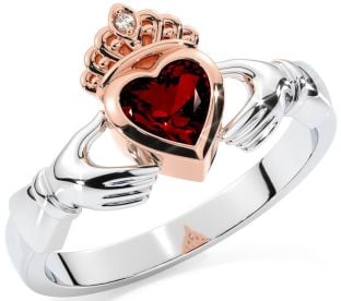 Diamond Garnet Rose Gold Silver Claddagh Ring