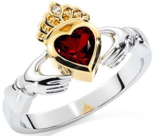 Diamond Garnet Gold Silver Claddagh Ring