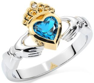 Diamond Topaz Gold Silver Claddagh Ring