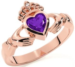 Diamond Amethyst Rose Gold Silver Claddagh Ring