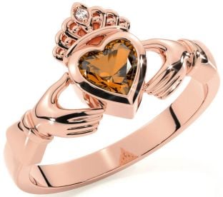 Diamond Citrine Rose Gold Silver Claddagh Ring