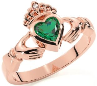 Diamond Emerald Rose Gold Silver Claddagh Ring