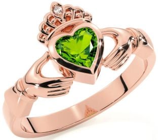 Diamond Peridot Rose Gold Silver Claddagh Ring