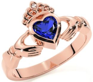 Diamond Sapphire Rose Gold Silver Claddagh Ring