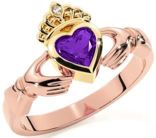 Diamond Amethyst Rose Yellow Gold & Silver Claddagh Ring