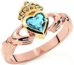 Diamond Aquamarine Rose Yellow Gold & Silver Claddagh Ring