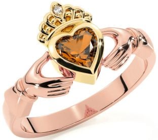 Diamond Citrine Rose Yellow Gold & Silver Claddagh Ring