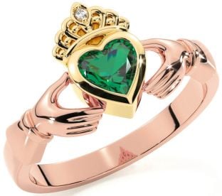 Diamond Emerald Rose Yellow Gold & Silver Claddagh Ring