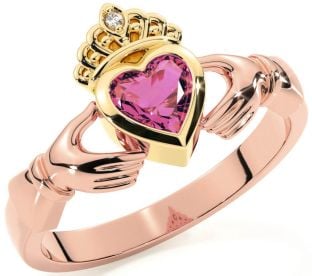 Diamond Pink Tourmaline Rose Yellow Gold & Silver Claddagh Ring