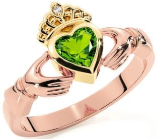 Diamond Peridot Rose Yellow Gold & Silver Claddagh Ring