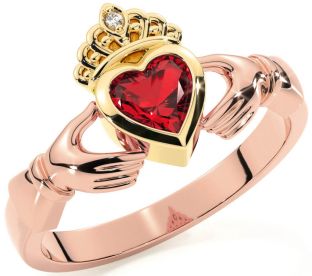 Diamond Ruby Rose Yellow Gold & Silver Claddagh Ring