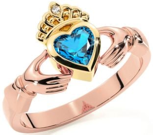 Diamond Topaz Rose Yellow Gold & Silver Claddagh Ring