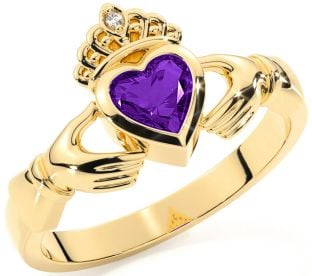 Diamond Amethyst Gold Silver Claddagh Ring