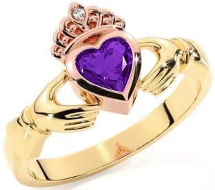 Diamond Amethyst Rose Yellow Gold & Silver Claddagh Ring