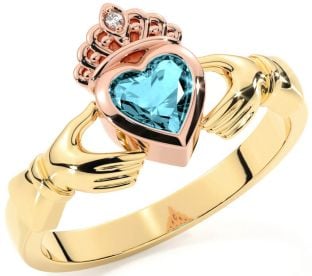 Diamond Aquamarine Rose Yellow Gold & Silver Claddagh Ring