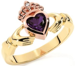 Diamond Alexandrite Rose Yellow Gold & Silver Claddagh Ring