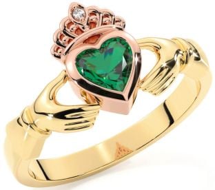 Diamond Emerald Rose Yellow Gold & Silver Claddagh Ring