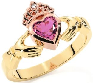 Diamond Pink Tourmaline Rose Yellow Gold & Silver Claddagh Ring