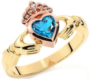 Diamond Topaz Rose Yellow Gold & Silver Claddagh Ring