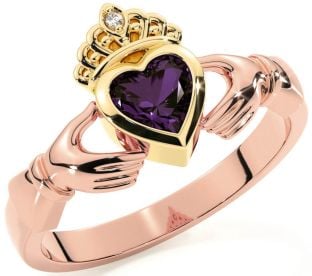 Diamond Alexandrite Rose Yellow Gold Claddagh Ring