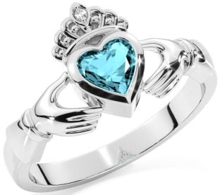 Diamond Aquamarine Silver Claddagh Ring