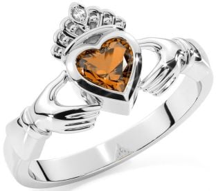 Diamond Citrine Silver Claddagh Ring