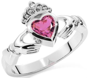 Diamond Pink Tourmaline Silver Claddagh Ring