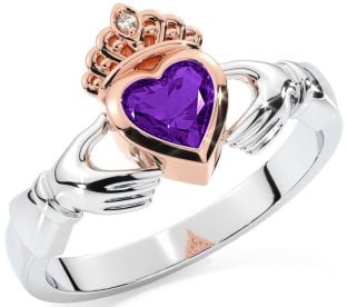 Diamond Amethyst Rose Gold Silver Claddagh Ring