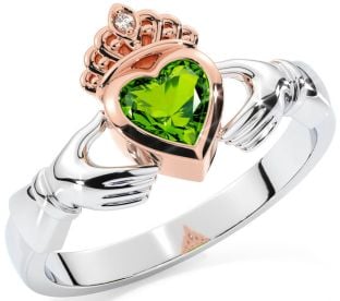 Diamond Peridot Rose Gold Silver Claddagh Ring