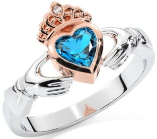 Diamond Topaz Rose Gold Silver Claddagh Ring