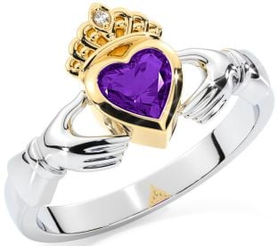 Diamond Amethyst Gold Silver Claddagh Ring