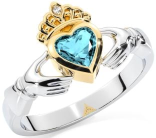 Diamond Aquamarine Gold Silver Claddagh Ring