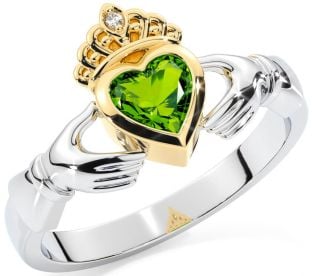 Diamond Peridot Gold Silver Claddagh Ring