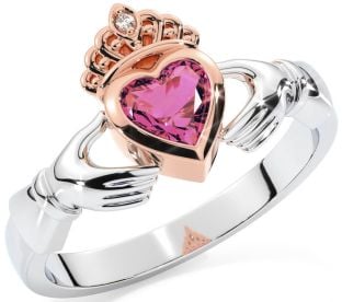 Diamond Pink Tourmaline White Rose Gold Claddagh Ring