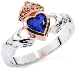 Diamond Sapphire White Rose Gold Claddagh Ring