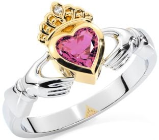 Diamond Pink Tourmaline White Yellow Gold Claddagh Ring