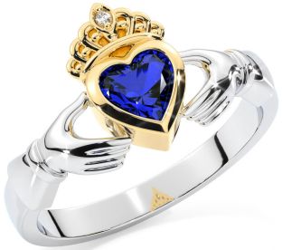 Diamond Sapphire White Yellow Gold Claddagh Ring