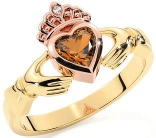 Diamond Citrine Rose Yellow Gold Claddagh Ring