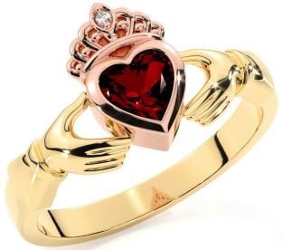 Diamond Garnet Rose Yellow Gold Claddagh Ring