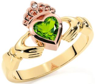 Diamond Peridot Rose Yellow Gold Claddagh Ring