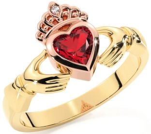 Diamond Ruby Rose Yellow Gold Claddagh Ring