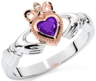 Diamond Amethyst Rose Gold Silver Claddagh Ring