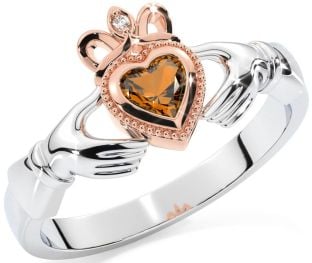 Diamond Citrine Rose Gold Silver Claddagh Ring