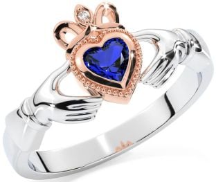 Diamond Sapphire Rose Gold Silver Claddagh Ring