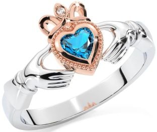 Diamond Topaz Rose Gold Silver Claddagh Ring