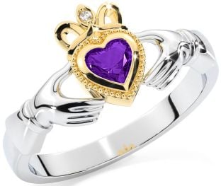 Diamond Amethyst Gold Silver Claddagh Ring