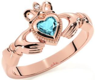 Diamond Aquamarine Rose Gold Silver Claddagh Ring