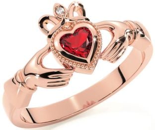 Diamond Ruby Rose Gold Silver Claddagh Ring