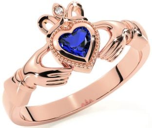 Diamond Sapphire Rose Gold Silver Claddagh Ring