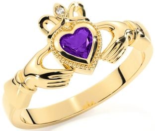 Diamond Amethyst Gold Silver Claddagh Ring